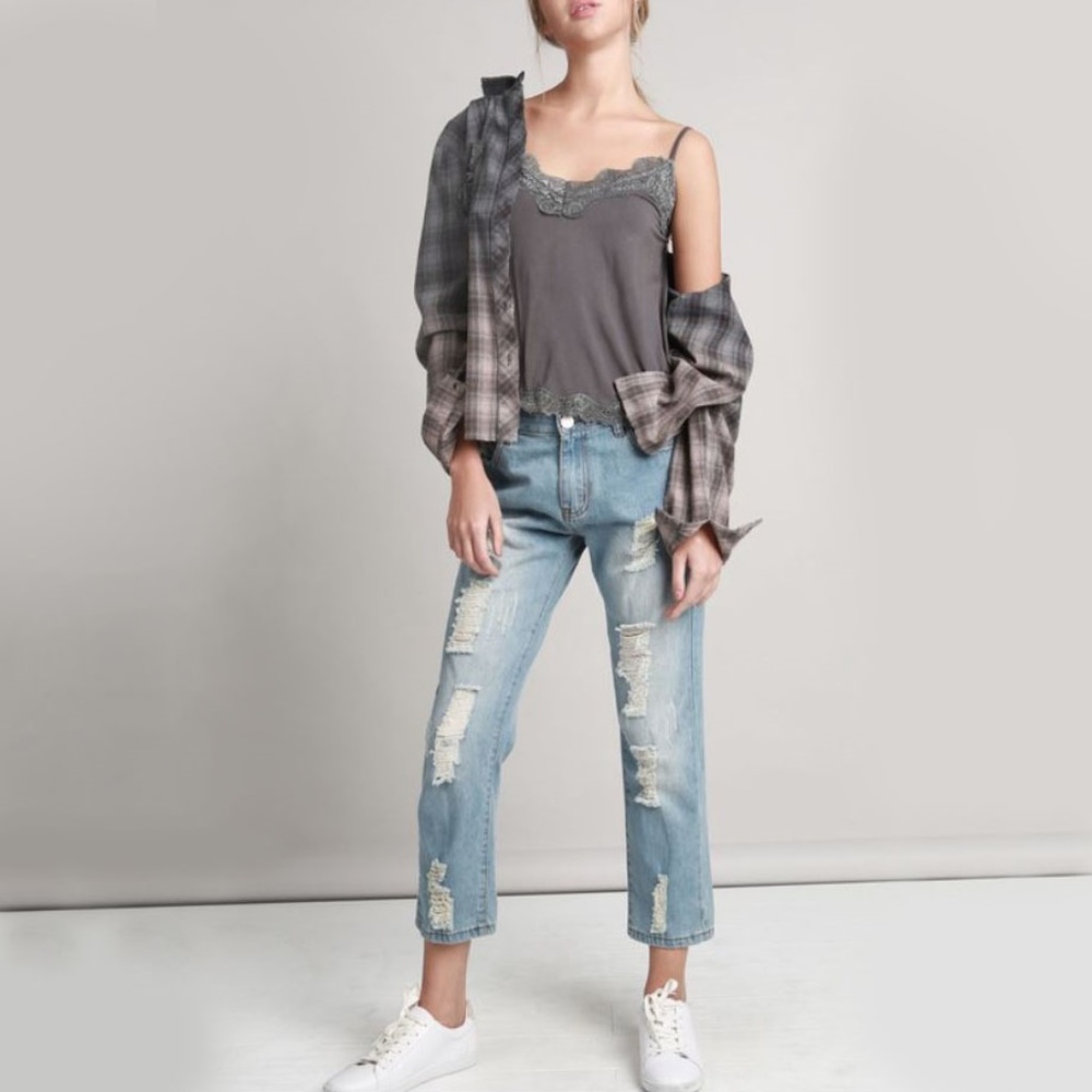 Destroyed Vintage Washed Ankle Cut Boyfriend Jeans - Picture 2 of 5